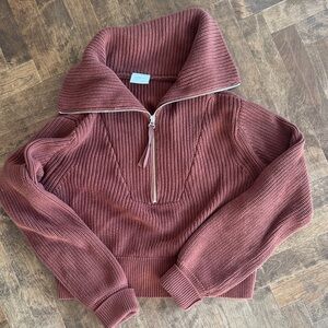Varley Ribbed Half-Zip Cropped Turtleneck Sweater in Dusty Rose